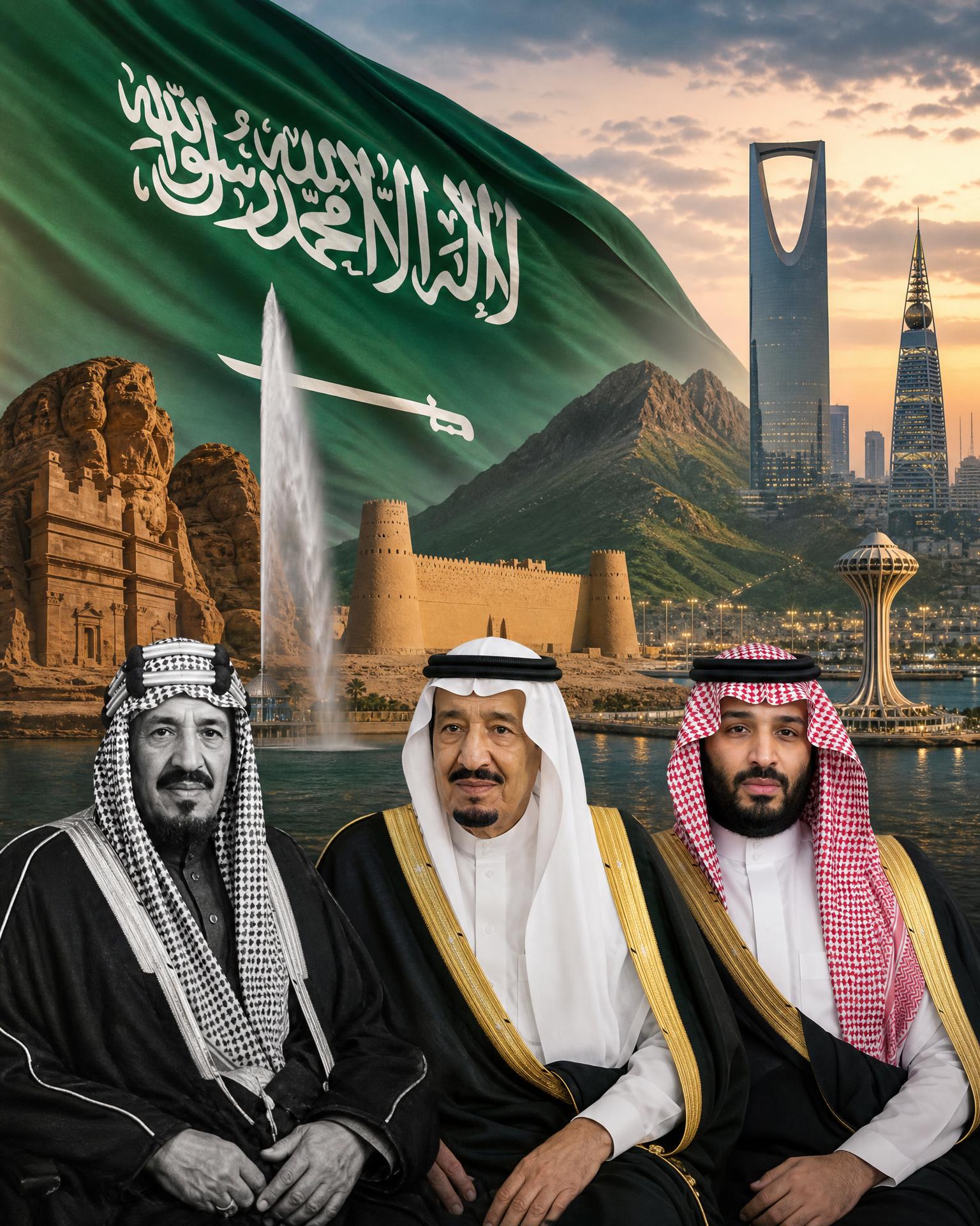 صور تاريخية للملك عبدالعزيز المؤسس والملك سلمان وولي العهد الأمير محمد بن سلمان